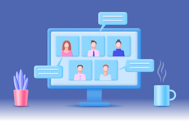 3d Concept Online Meeting or Conference Plasticine Cartoon Style Computer Screen and Characters People . Vector illustration