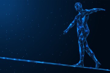 Fototapeta na wymiar Balance. A man walks on a tight rope. Polygonal design of interconnected elements. Blue background.