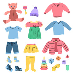 Cartoon Color Clothes Kids Icons Set Include of Pant, Dress, Hat and Shirt. Vector illustration of Child Garment Icon