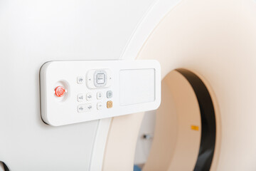 Medical CT or MRI Scan in the modern hospital laboratory. Interior of radiography department. Technologically advanced equipment in white room. Magnetic resonance diagnostics machine