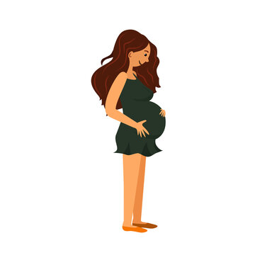 A pregnant woman strokes her belly. Vector image of a woman with a big belly. The woman is pregnant. A girl with long hair is preparing to become a mother.