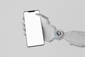 Robot arm with smartphone white screen on gray background., The future. 3D render. 3D illustration