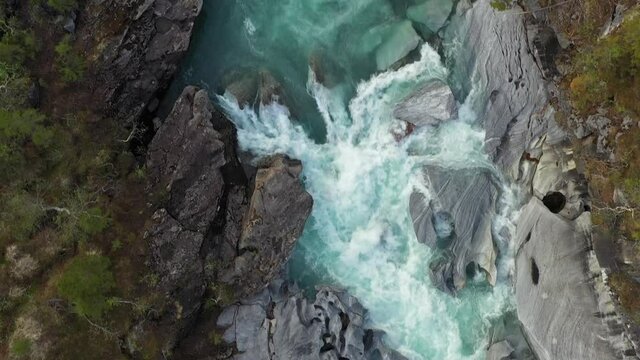 Aerial Vertical View Over The Surface Of A Mountain River Glomaga, Marmorslottet , Mo i Rana