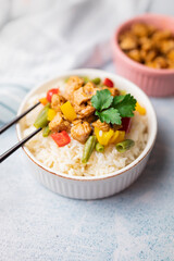 rice with vegetables and meat kung pao asian dish side dish with pork or beef on a plate for restaurant menu