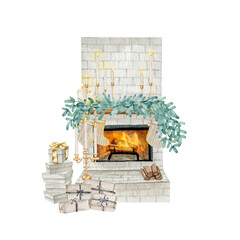 Watercolor Christmas cozy fireplace compositions hand drawn illustration clip art