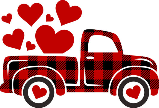 Red buffalo plaid Valentine's day truck with hearts Svg cut file. Vector illustration isolated on white background. Cute Valentine truck clipart perfect for t-shirts, cards, apparel and so on