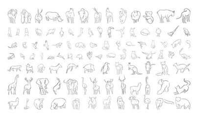 Fototapeta na wymiar Vector set of animals in a linear style. Illustrations for creating coloring pages, prints.
