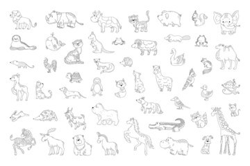 Vector set of animals in a linear style. Illustrations for creating coloring pages, prints.