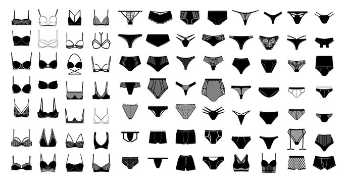 Collection of women's lingeries and men's underpants. Black and white illustrations.