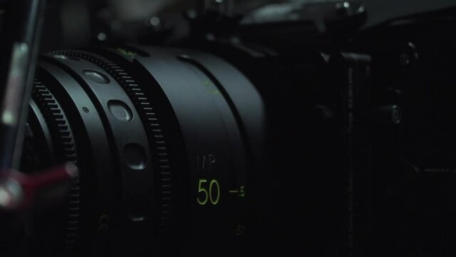 Professional video camera with large-scale calibration and radio focus, close-up