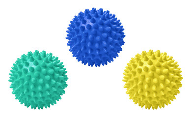 Multicolored spiny massage balls isolated on white. Concept of physiotherapy or fitness. Closeup of a colorful rubber ball for dog teeth on a white color background. Corona virus model.