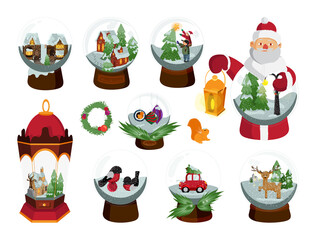 Set of snow globes in a detailed style. Christmas toys and souvenirs.