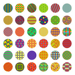 Collection of multicolored round backgrounds with geometric ornaments. Covers for highlights, banners.