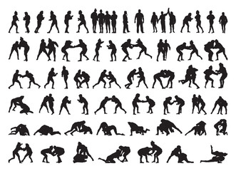 Collection of black silhouettes of people practicing sambo. Shadows of the fighting men on a white background. Martial arts illustrations.