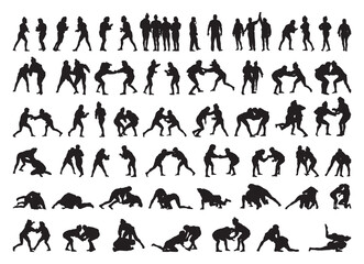 Collection of black silhouettes of people practicing sambo. Shadows of the fighting men on a white background. Martial arts illustrations.