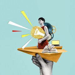 Woman with a light bulb in a paper airplane. Creativity and uniqueness in business and education....
