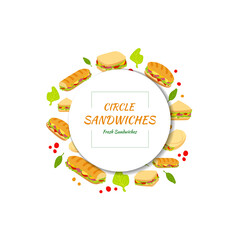 Circle with Sandwiches, Round Shape Frame Template, Doodle Burgers and Sandwiches in the Background, Isolated on White Background Illustration, Logo.