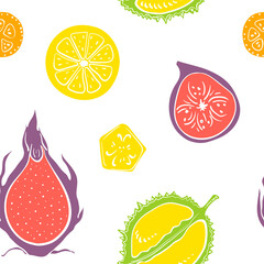 Seamless pattern with tropical fruits. Colorful paper cut collection of fruits and berries isolated on white background. Doodle hand drawn fruits. Vector illustration