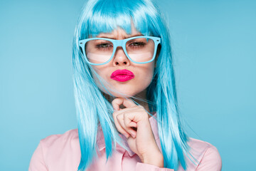 pretty woman in pink shirt purple wig glasses red lips