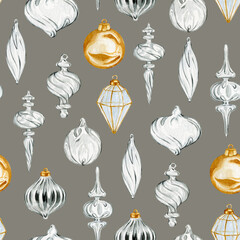 Watercolor Christmas crystal bulb decorations hand drawn seamless pattern