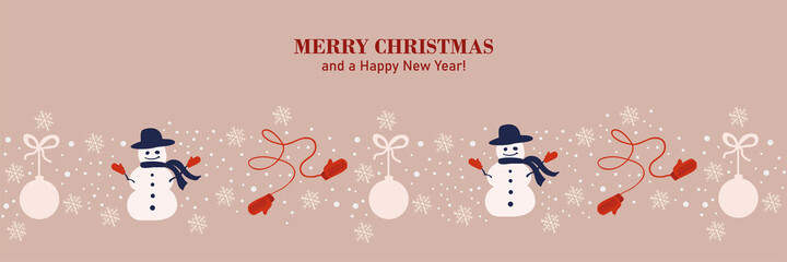 Fototapeta na wymiar Christmas illustration in warm colors. Snowmen in mittens and mittens on a shoelace. Balls with a bow. Happy snowman with snowflakes.