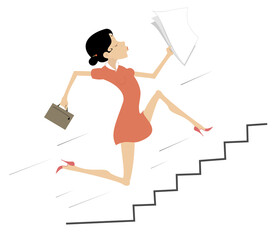 Cartoon businesswoman runs upstairs illustration. 
Smiling young woman with bag and papers goes upstairs isolated on white
