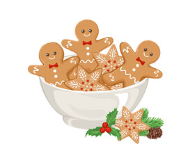 Obraz premium Gingerbread men in bowl isolated on white background. Vector Christmas illustration. Cartoon flat style.