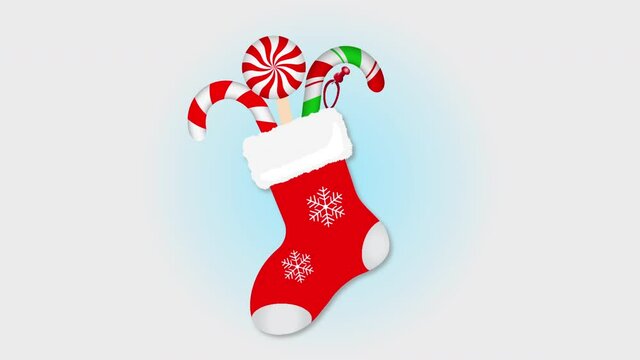 Christmas stocking. Christmas sock with candies and gifts. 4K video animation