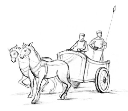 Rider on an ancient chariot. Pencil drawing