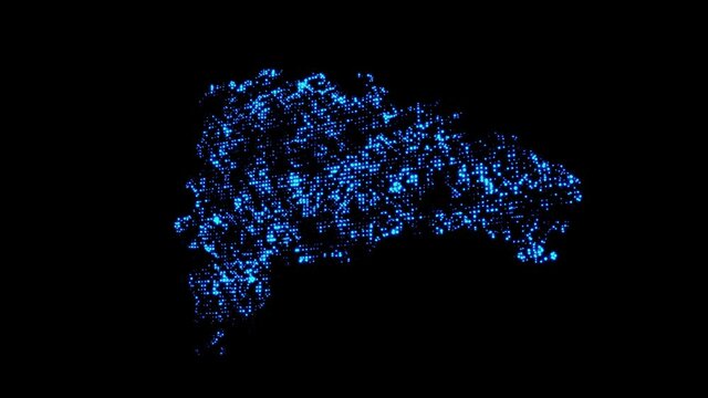 A map of the Dominican Republic country consisting of stars of shimmering blue particles on a black background.