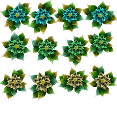 Blue green yellow christmas metallic flowers with leaves