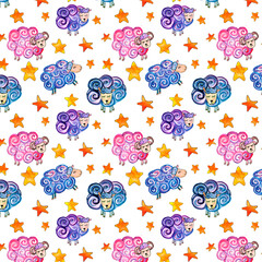 Fototapeta na wymiar Seamless watercolor patten with fairy sheep and stars on a white background.