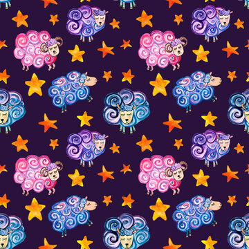 Seamless watercolor patten with fairy sheep and stars on a purple background 