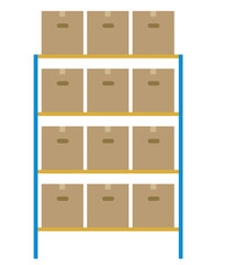 物流通販ロジスティクスイメージのイラスト　段ボールダンボールとラック棚　正面　Logistics shelves