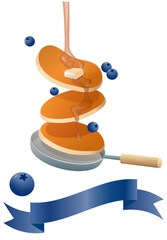 Pancake with blueberries in a pan. Traditional sweet American breakfast on white. Pancakes with syrup. Vector illustration