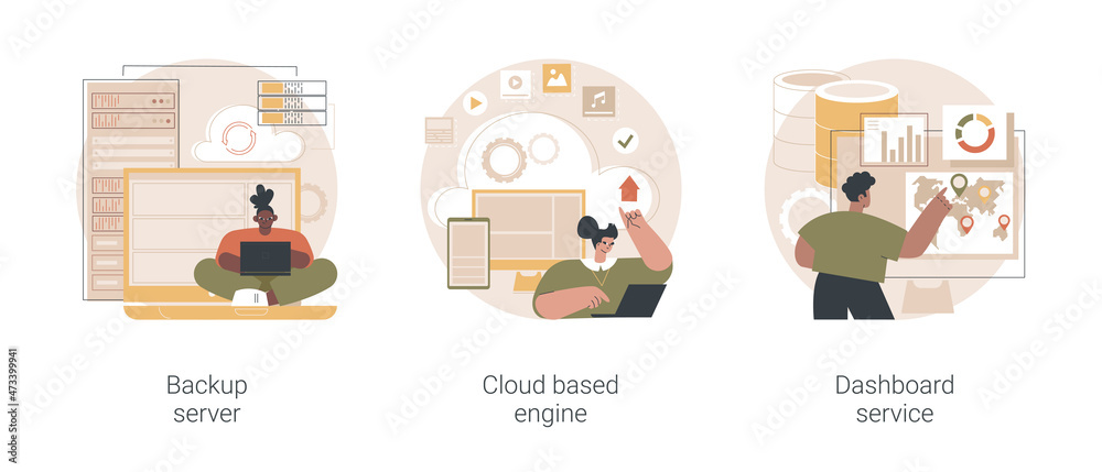 Wall mural Information management abstract concept vector illustration set. Backup server, cloud based engine, dashboard service, virtual machine application, key performance metrics abstract metaphor.