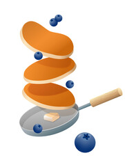 Pancake with blueberries in a pan. Traditional sweet American breakfast on white. Pancakes with syrup. Vector illustration