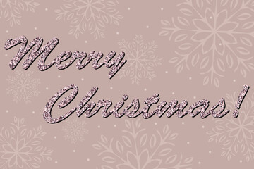 Happy new year glitter lettering isolated on gray pink background with snowflakes. Greeting card, holiday banner, poster. Vector illustration.
