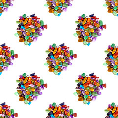 Colorful semiprecious mineral gemstones heap repeat seamless pattern on white background.