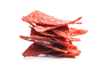 Salted tortilla chips triangle with red beet flavor