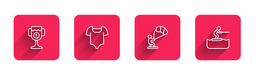 Set line Award cup, Swimsuit, Kitesurfing and Water skiing man with long shadow. Red square button. Vector