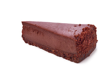 Slice of chocolate cheesecake on white