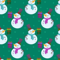Seamless festive background with a cute snowman in a tall hat and a gift