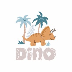 Cute poster with the little dinosaur vector prints for baby room, baby shower, greeting card, kids and baby t-shirts, and wear. Scandinavian trendy style © Valentina