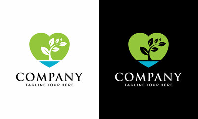 Heart leaf logo, healthy heart logo vector design template. on a black and white background.