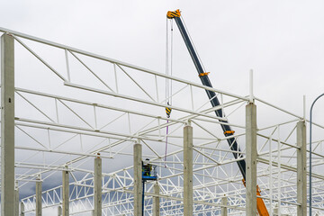 crane with telescopic boom in the assembly of metal structures of an industrial building © Zigmunds