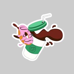 Vector illustration coffee drink and donut sticker. Clipart design for fast food. Cup of coffee take away with donut. Best couple. Firstly coffee