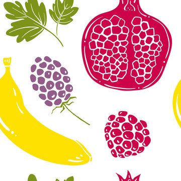 Seamless pattern with fruits and berries. Colorful paper cut collection of fruits and berries isolated on white background. Doodle hand drawn fruits. Vector illustration