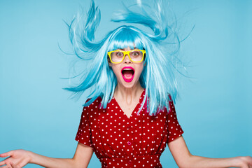 cheerful woman purple hair yellow glasses fashion glamor