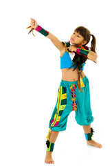 Lovely girl posing in festive costume. performing against white background.